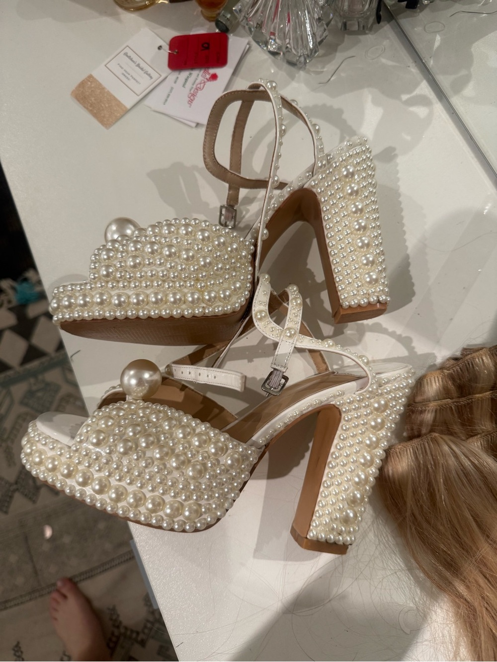 Pearl-Embellished Chunky Heel Sandals with Ankle Strap